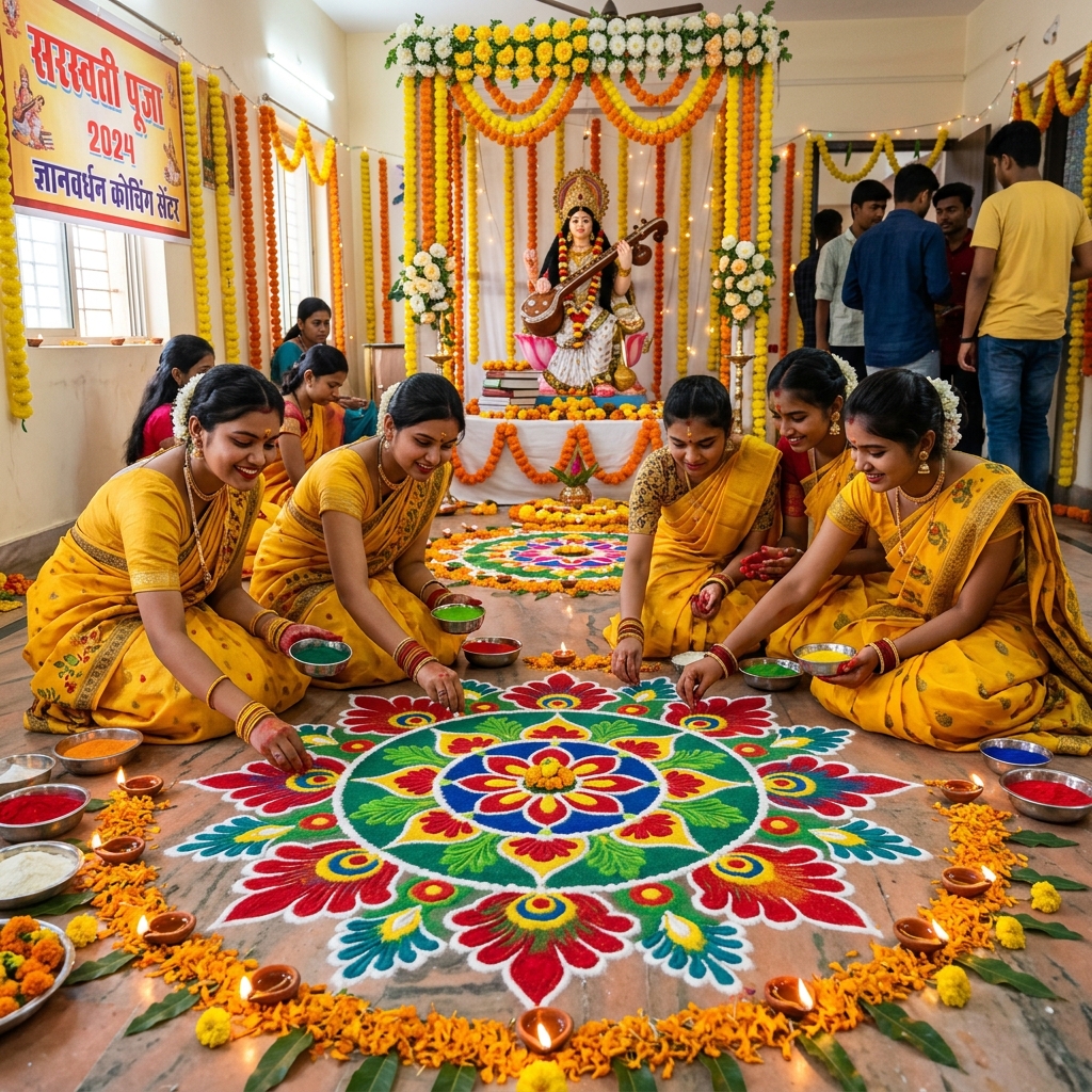 Students making rangoli art